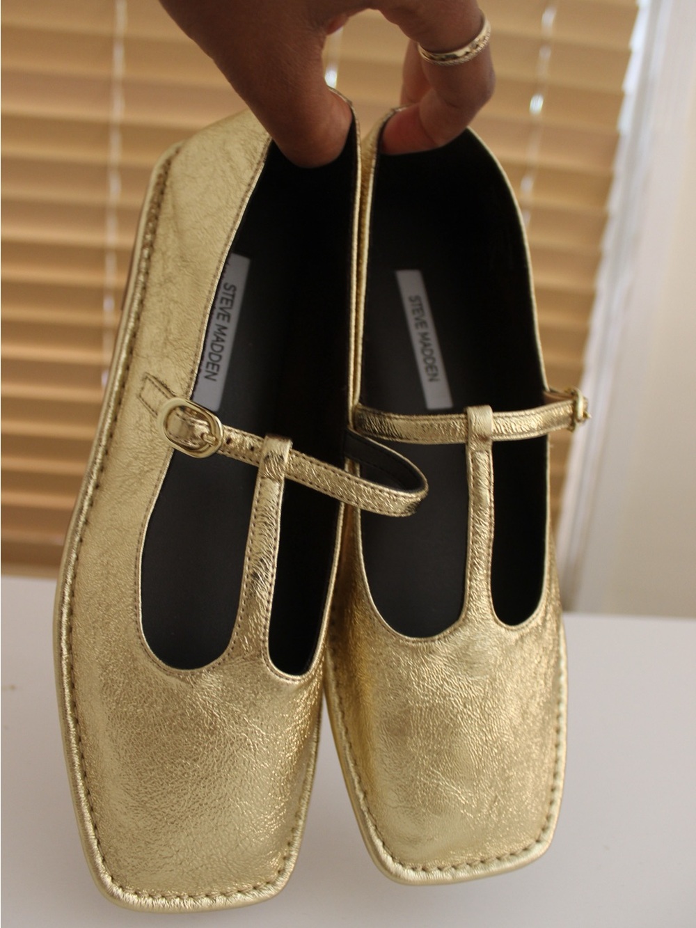 Steve Madden MACBETH Metallic Gold T‑Strap Flats. Square toe. Never Worn!!!